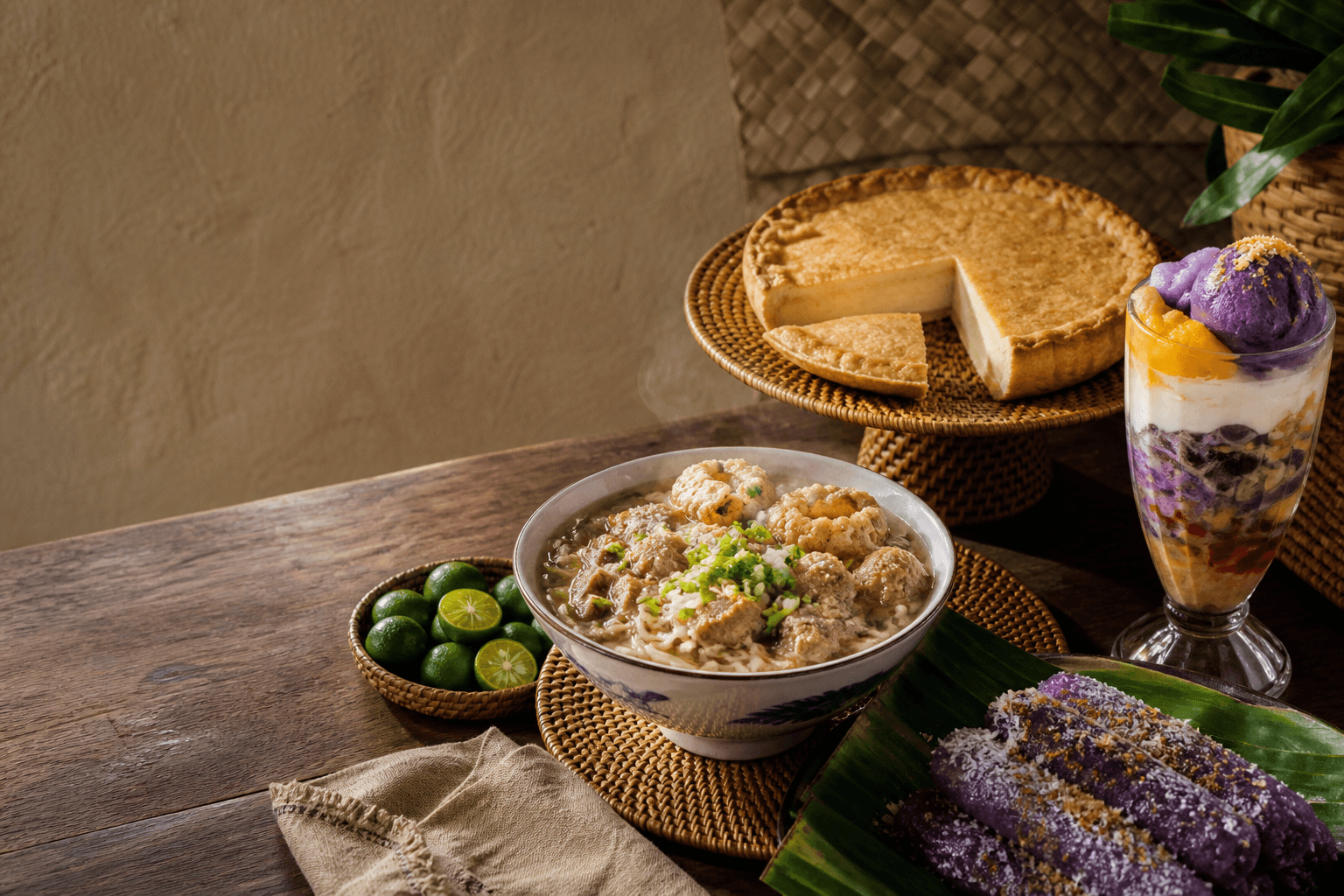 La Paz Batchoy, buko pie, halo-halo, and Filipino kakanin on a warm table